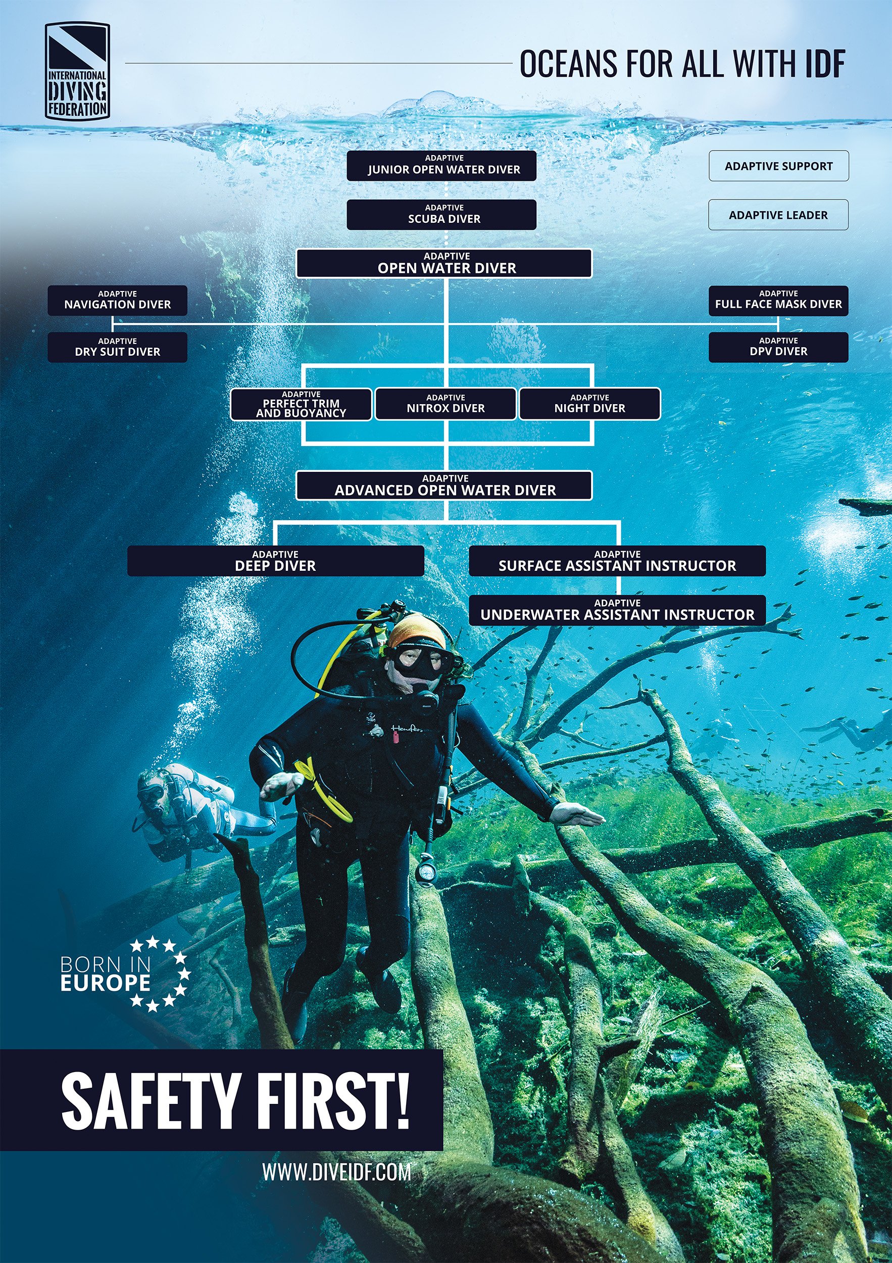 schemat szkoleń dla nurków z niepełnosprawnościami w formie diagramu. etap szkoleń rozpoczyna stopień Junior Open Water Diver. kolejny stopień to Scuba Diver. Od stopnia Open Water Diver zaczyna się pełna ścieżka specjalizacji. po Open Water Diver można zrobić specjalizację nawigatora, suchy skafander, maska pełnotwarzowa i skuter podwodny. po stopniu OWD są trzy specjalizacje: nitrox, nocne, perfekcyjna pływalność. po zdobyciu tych specjalizacji można ukończyć Advanced Open Water Diver. kolejny, ostatni stopień to Deep Diver. po stopniu AOWD można zostać asystentem instruktora powierzchniowym i dalej w kolejności asystentem podwodnym.